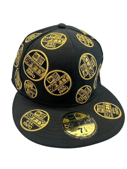 New Era 59FIFTY All-Over Sticker Embroidery Fitted Hat – Black & Gold – Size 7 1/2