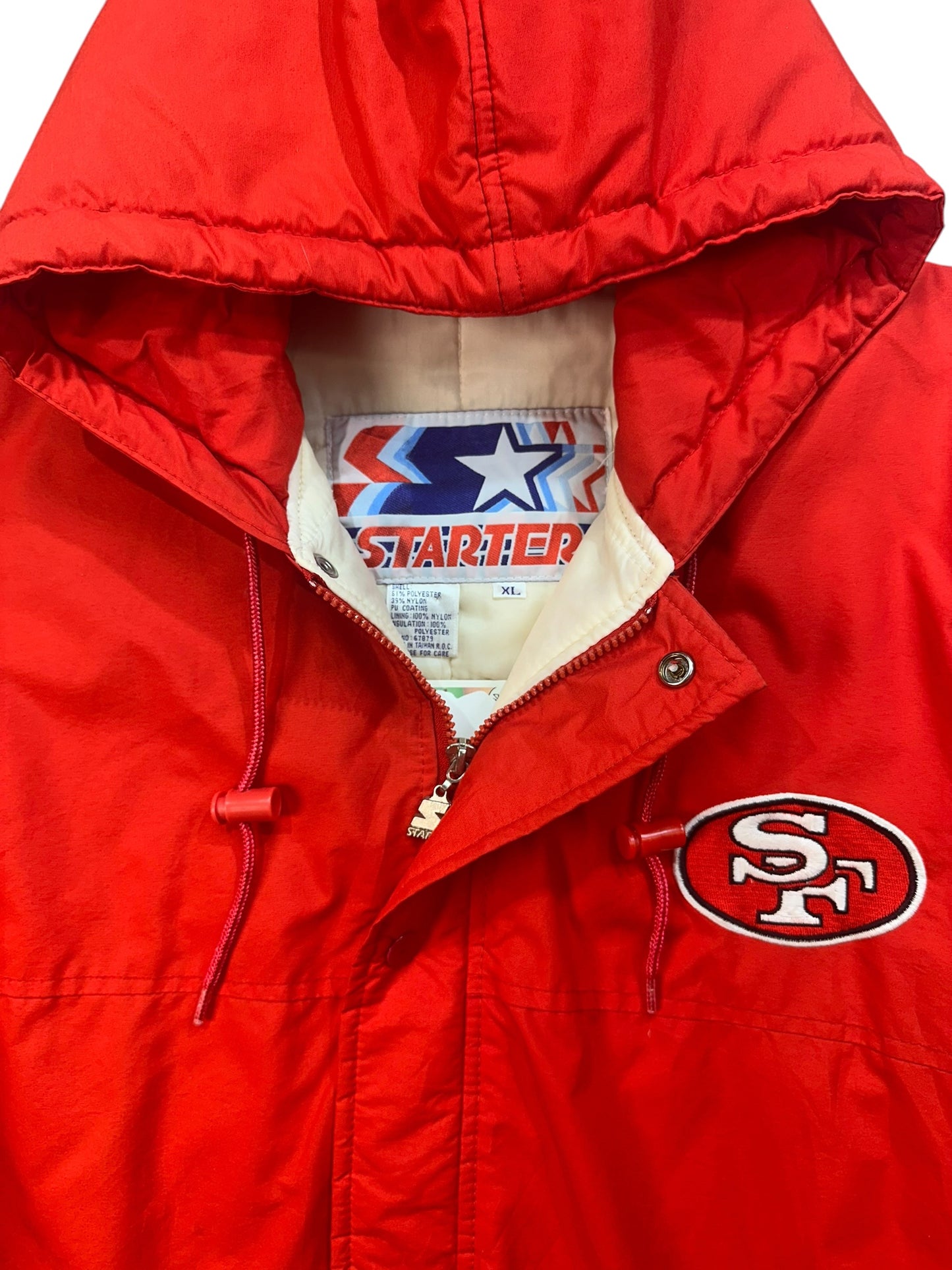 Vintage 90s San Francisco 49ers Starter Jacket XL Red Gold Hooded NFL USA