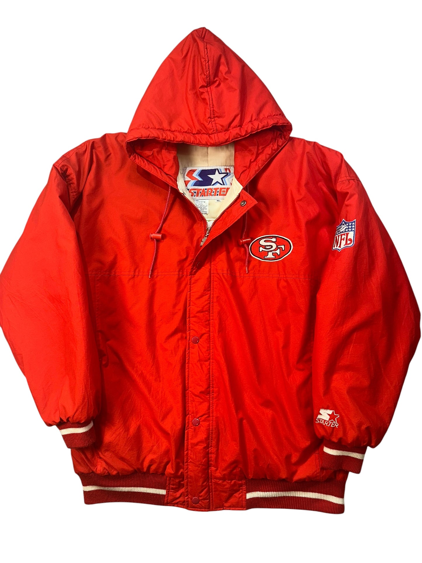 Vintage 90s San Francisco 49ers Starter Jacket XL Red Gold Hooded NFL USA