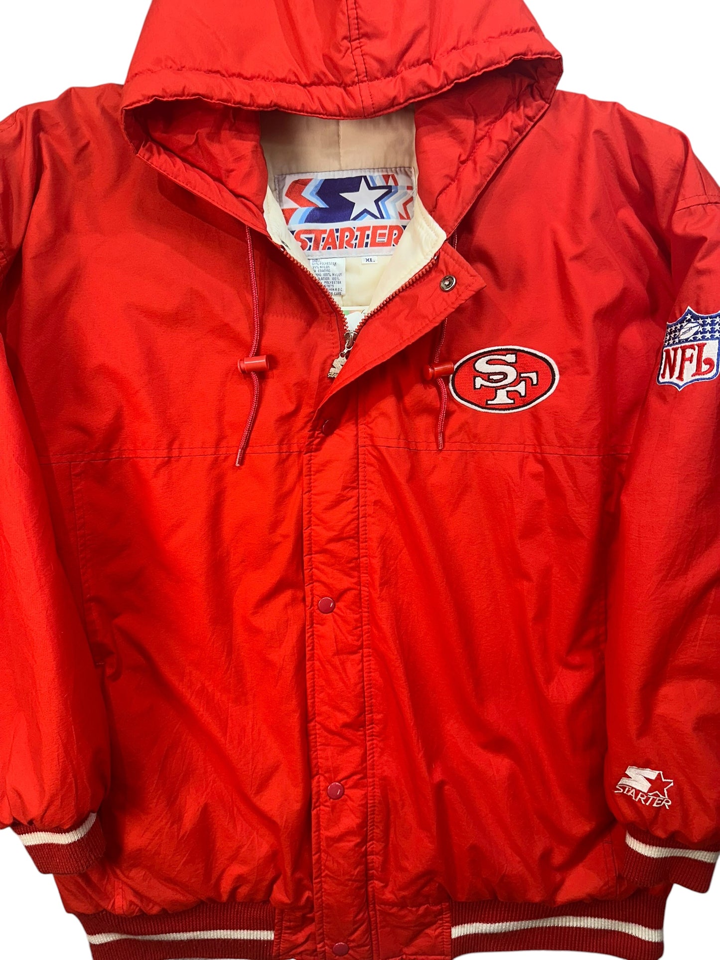 Vintage 90s San Francisco 49ers Starter Jacket XL Red Gold Hooded NFL USA