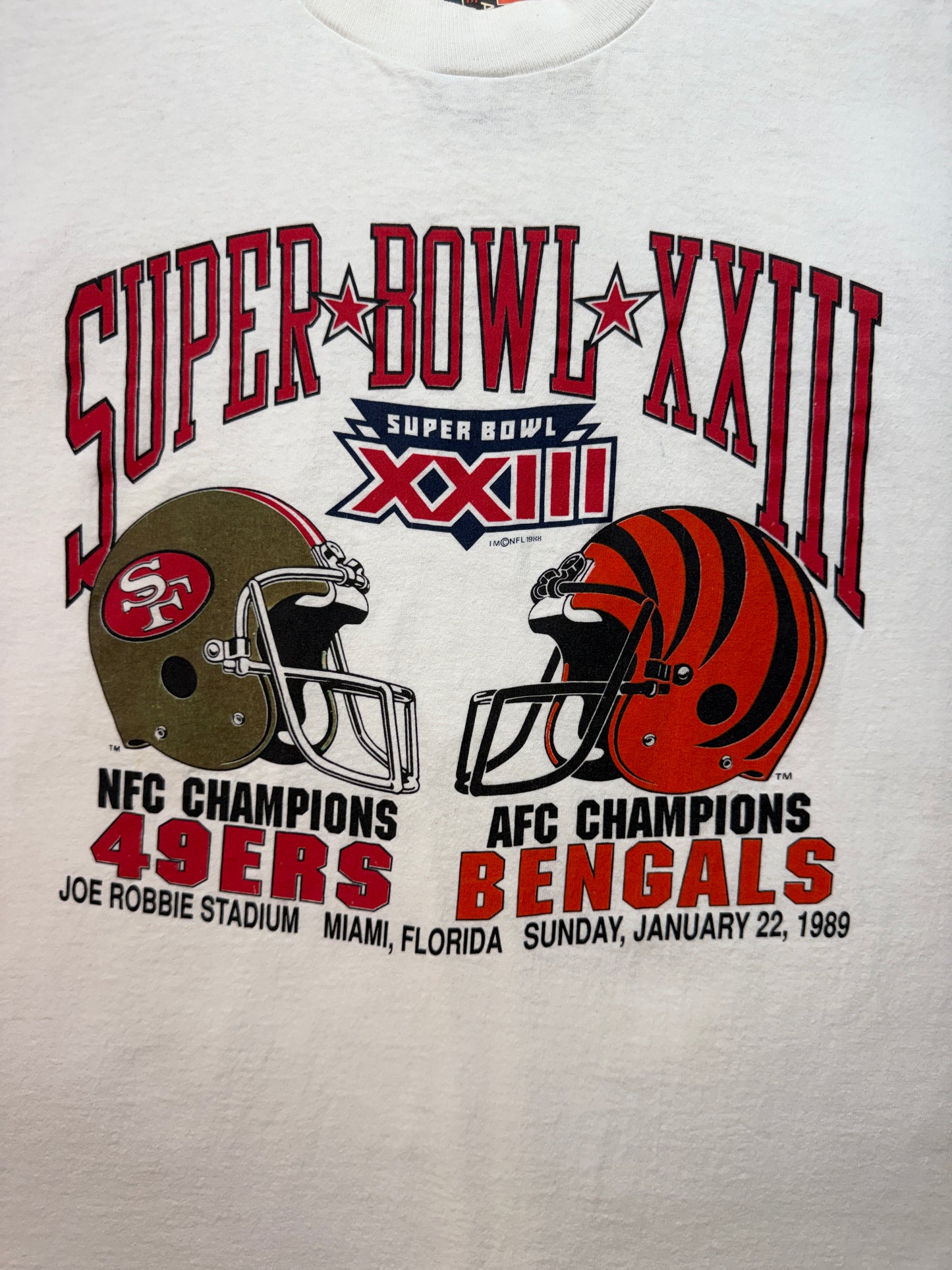 Vintage single stitch 1989 Super Bowl XXIII T-Shirt. 49ers vs Bangles