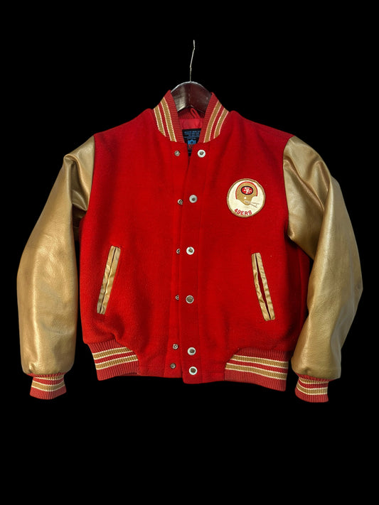 Vintage 49ers Jacket Boys Size 12 Sears NFL Red Gold Leather Sleeves Varsity