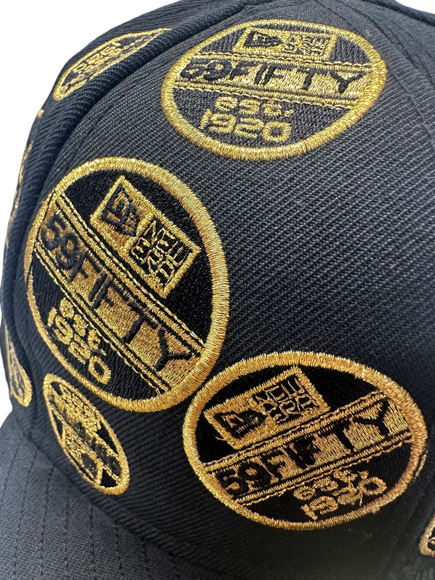 New Era 59FIFTY All-Over Sticker Embroidery Fitted Hat – Black & Gold – Size 7 1/2