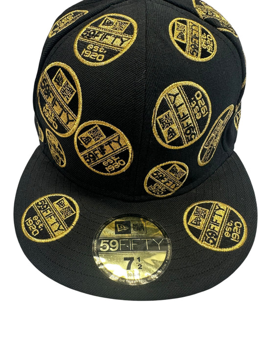 New Era 59FIFTY All-Over Sticker Embroidery Fitted Hat – Black & Gold – Size 7 1/2