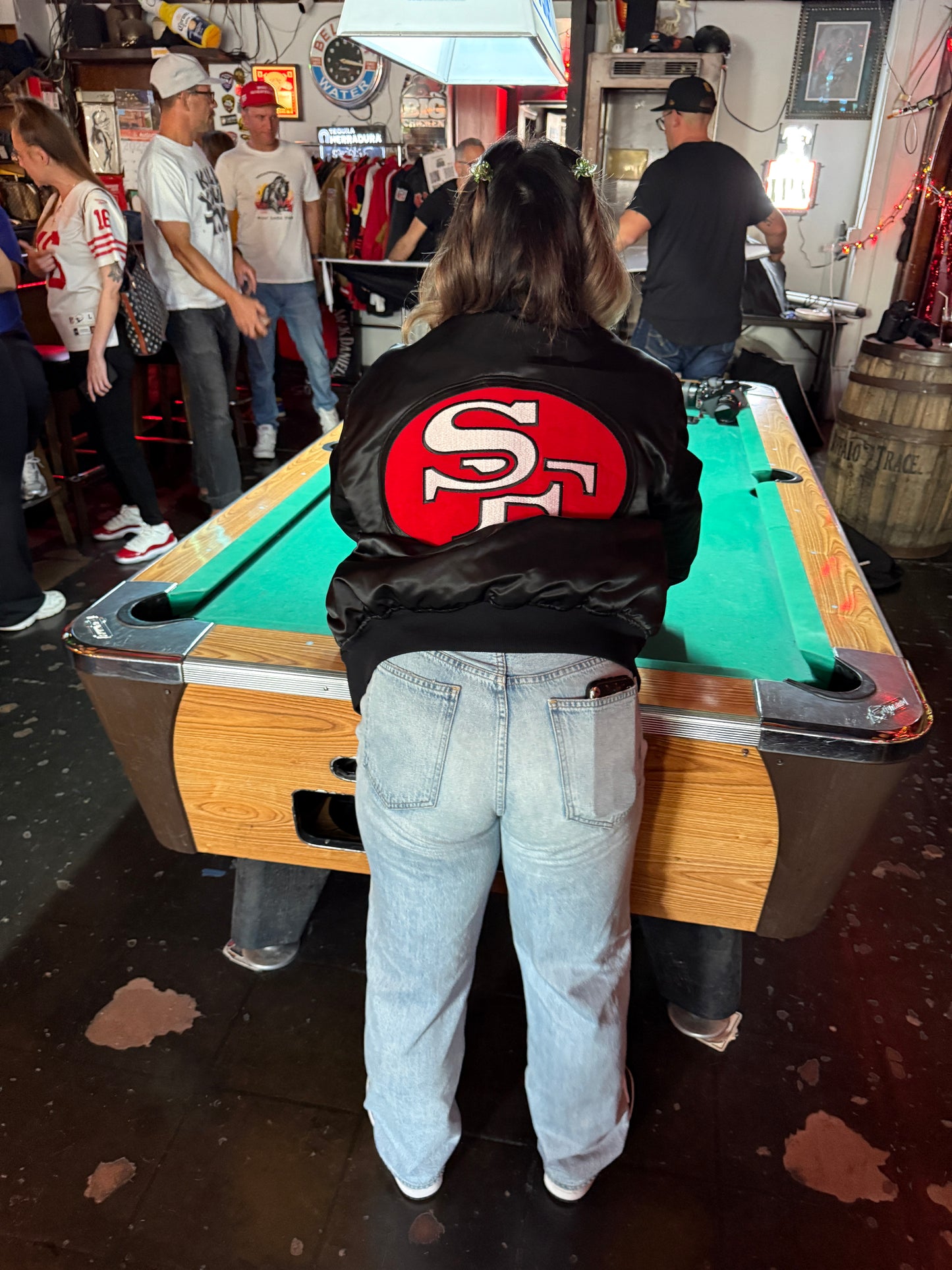 80s/90s Chalk Line Satin 49ers Jacket. Black silky satin with that bold SF logo on the back