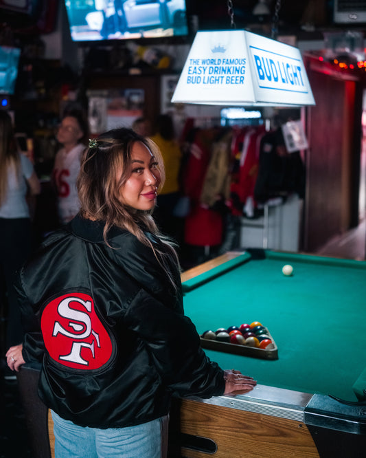 80s/90s Chalk Line Satin 49ers Jacket. Black silky satin with that bold SF logo on the back